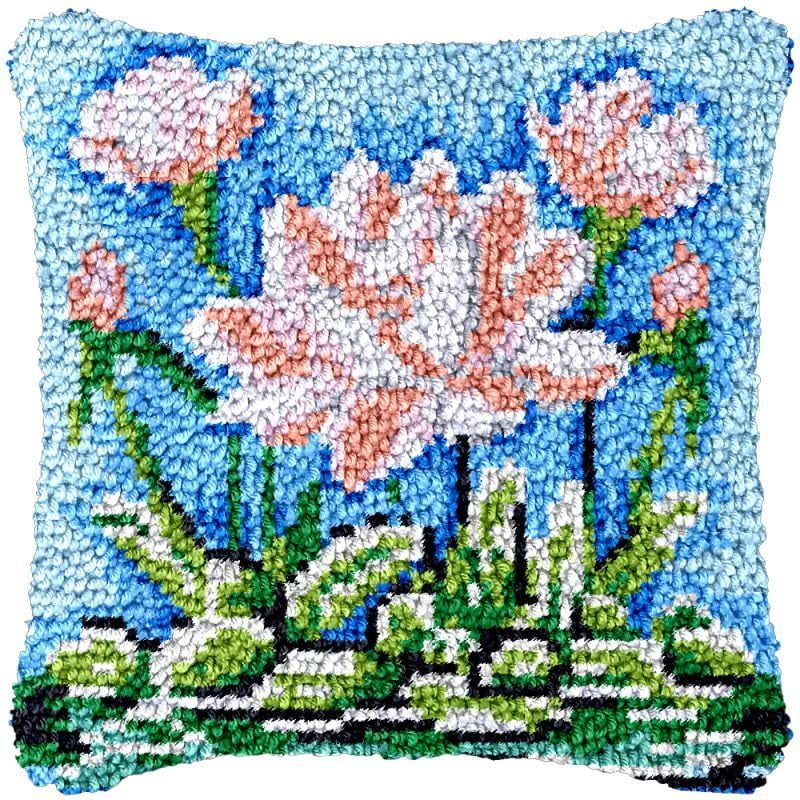 Water Lily Latch Hook Pillow Cover Kits for DIY Handmade Throw Pillow Cross Stitch Latch Hook Pillowcase Rug Cushion Kits with Preprinted Canvas Crochet Yarn Kits Needlework 17'' X 17''