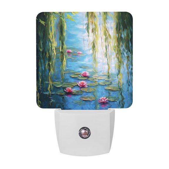 Water Lily Night Lights, Lily Pads Willow Pond Lake Nature Zen Smart Auto Dusk to Dawn Sensor Nightlights Plug-in Nightlight for Bedroom Bathroom Living Room Kitchen Hallway