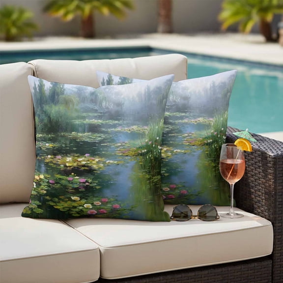 Water Lily Outdoor Waterproof Throw Pillow Covers Set of 2, 16"x16", Rustic Impressionist Green Pond Reflections Misty Willow Decorative Pillow Covers Outside Cushion Case for Patio Porch Garden