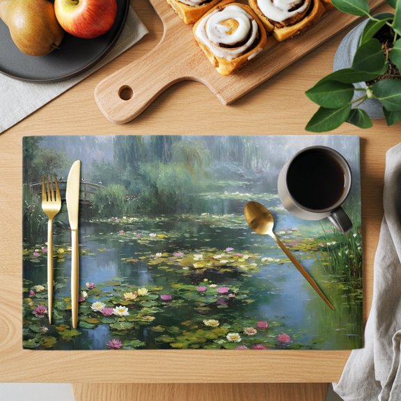 Water Lily Placemats Set of 12, Rustic Impressionist Green Pond Reflections Misty Willow Non-Slip Place Mats Washable Table Mats for Kitchen Dining Table Decorations Indoor/Outdoor
