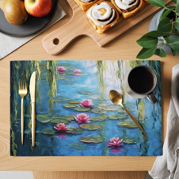 Water Lily Placemats Set of 2, Lily Pads Willow Pond Lake Nature Zen Heat Insulated Linen Place Mats, Washable Stain-Proof Table Mats for Dining Tables Holiday Decor 13x19 Inches