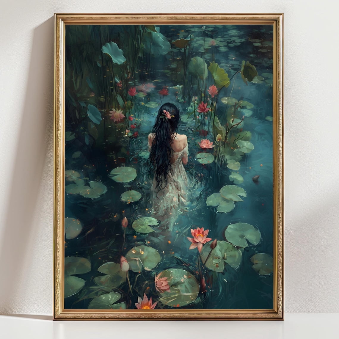 Water Lily Pond Art Print – Dreamy Woman In Floral Dress, Romantic ...