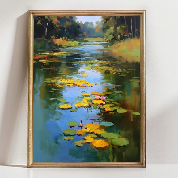 Water Lily Pond Art Sunset Lake Monet Inspired Calming Nature Botanical Decor, Unframed Paper Poster 8x10in