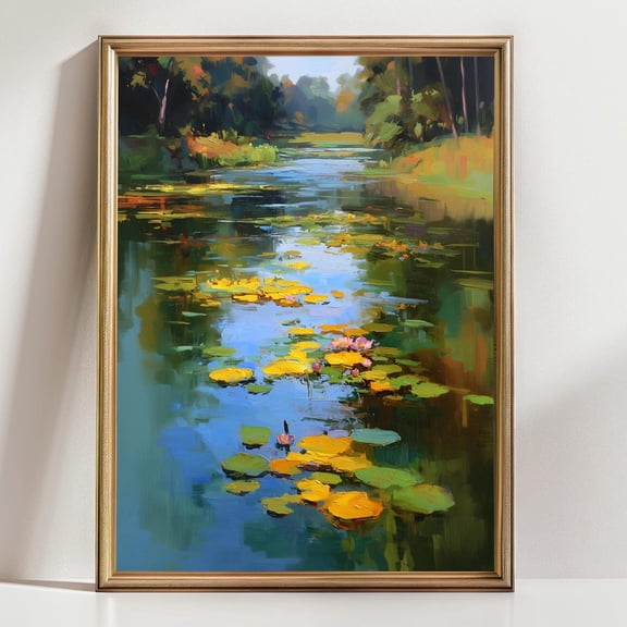Water Lily Pond Art Sunset Lake Monet Inspired Calming Nature Botanical Decor
