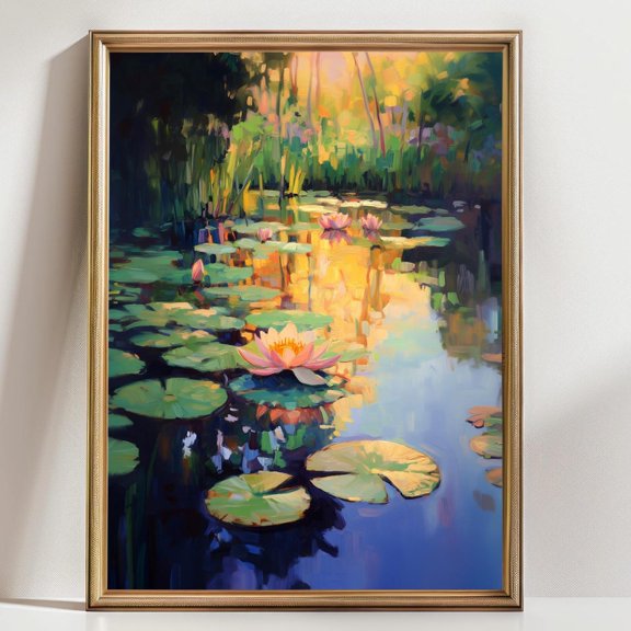 Water Lily Pond Art Sunset Lake Monet Inspired Calming Nature Decor Design 2