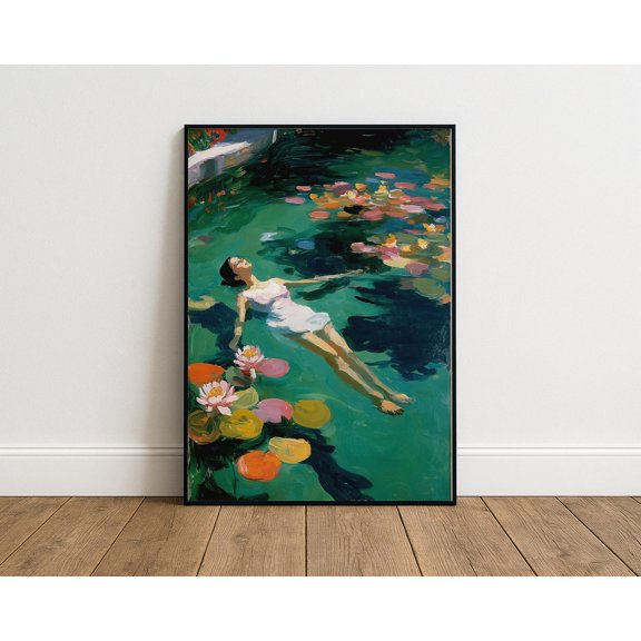 Water Lily Pond Poster, Relaxed Floating Swimmer, Impressionist Teal Wall Print, Cold Water Swimming Wall Art UNFRAMED