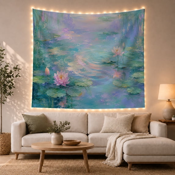 Water Lily Pond with Teal and Pink Hues, Dreamy Impressionist for Nature Lovers, Botanical Wall Decor, Housewarming Gift, Tapestry Wall Hanging for Living Room and Bedroom