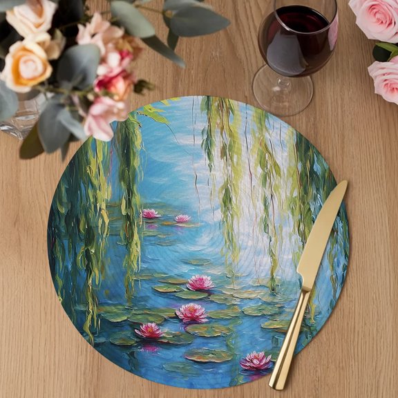 Water Lily Round Braided Placemats Set of 1, Lily Pads Willow Pond Lake Nature Zen Heat Insulation Place Mats Washable Non-Slip Table Mats for Kitchen Dining Party, 13 Inches