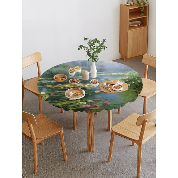 Water Lily Round Fitted Tablecloth with Elastic Edge, Rustic Impressionist Green Pond Reflections Misty Willow Waterproof Stretch Table Covers for 36"-44" Tables Wipeable Table Cloth for Outdoor