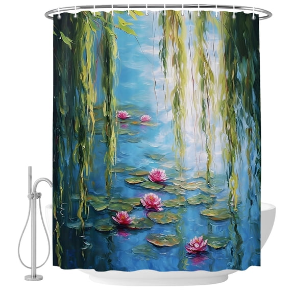 Water Lily Shower Curtain for Bathroom, Lily Pads Willow Pond Lake Nature Zen Waterproof Cloth Fabric Bathroom Accessories Set with 9 Rust Proof Plastic Hooks, 36"x72"