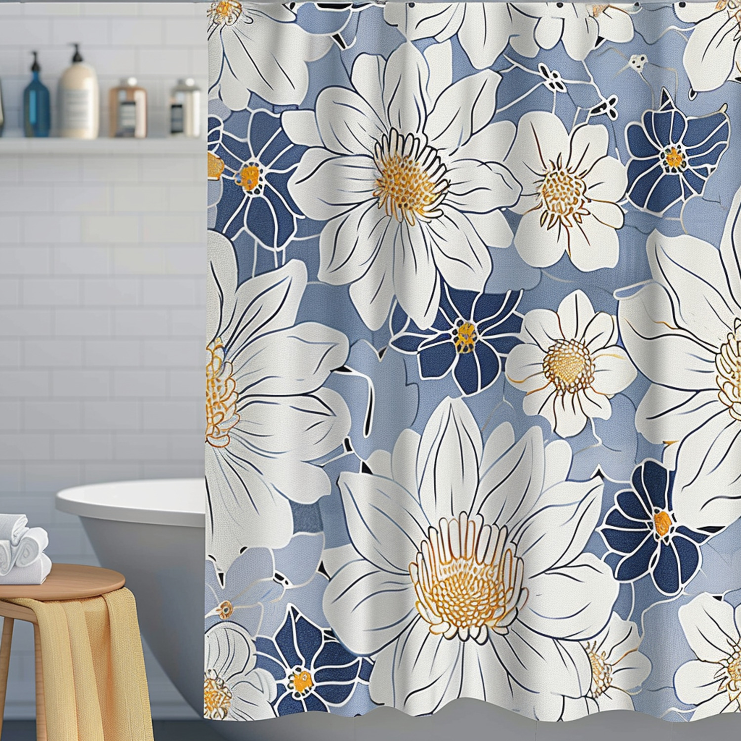 Water Lily Shower Curtain Blue White Grey Mustard Yellow Floral Design