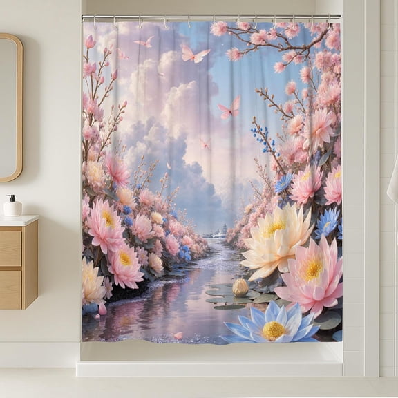 Water Lily Shower Curtain Spring Nature Butterfly Cherries Blossom Spring Peach Waterproof Fabric Toile Cloth Shower Curtains for Home Bathroom Toile Hotel Decor with hooks-72"W x 72"L (Pack of 1)