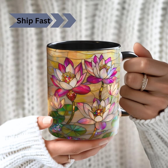 Water Lily Stained Glass Print Mug: July Birth Flower Gift