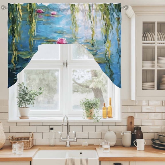 Water Lily Swag Curtain Valance for Windows, Lily Pads Willow Pond Lake Nature Zen Swag Curtains Drapes Rod Pocket for Kitchen Bathroom Small Window, 1 Panel 56x36in