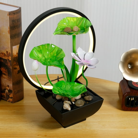 Water Lily Tabletop Fountain With Natural Stone USB Charging Desk Fountain With Built in Pump 3 Tiers Green Leaf Waterfall Fountain Decor for Home Office