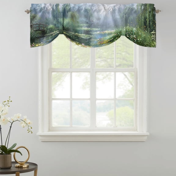 Water Lily Tie Up Valances Curtain, Rustic Impressionist Green Pond Reflections Misty Willow Kitchen Valances for Windows Decor, Rod Pocket Short Curtains Set for Bedroom/Bathroom, 42"x12"