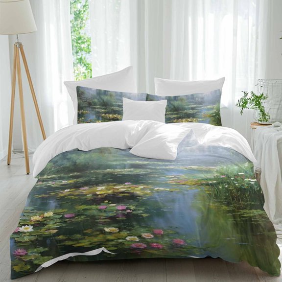 Water Lily Twin Duvet Cover Set, Rustic Impressionist Green Pond Reflections Misty Willow 4 Piece Microfiber Bedding Set with Zipper Closure, Bed Sheet and 2 Pillow Shams, Soft Bedding Cover