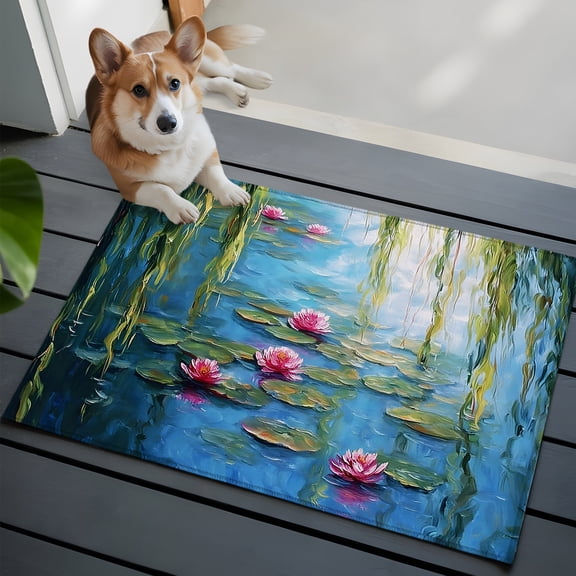 Water Lily Washable Entry Rug 2x3 Lily Pads Willow Pond Lake Nature Zen Low Pile Indoor Door Mat with Rubber Backing Thin Area Rug for for Entrance, Bedroom, Kitchen, Laundry, Bathroom