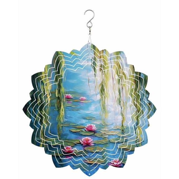 Water Lily Wind Spinner for Garden Yard 8In, Lily Pads Willow Pond Lake Nature Zen 3D Stainless Steel Kinetic Hanging Wind Spinners Rustproof Outdoor Decor for Lawn Patio Home