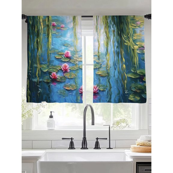 Water Lily Window Sheer Curtain Lily Pads Willow Pond Lake Nature Zen Semi Curtain Sheers Light Filtering Rod Pocket Voile Drapes for Bedroom Kitchen Living Room 52 X 54 Inch, 2 Panels