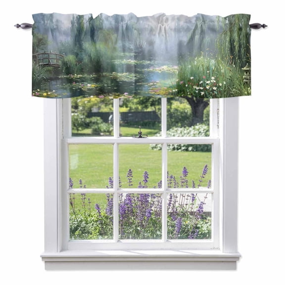 Water Lily Window Valance for Kitchen, Rustic Impressionist Green Pond Reflections Misty Willow Rod Pocket Short Curtains for Bathroom Bedroom Window, Light Filtering Decorative Valances, 42x12 Inch