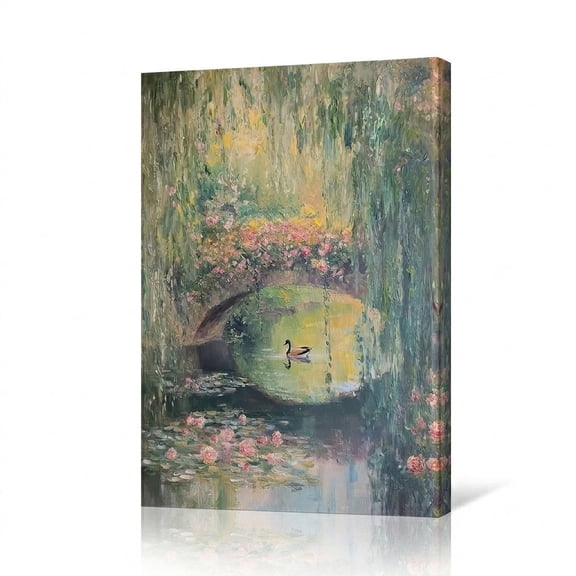 PORMIPONE Garden Bridge Floral Landscape Wall Art 16x24in Gallery Wrapped Impressionist Canvas Painting for Living Room Decor