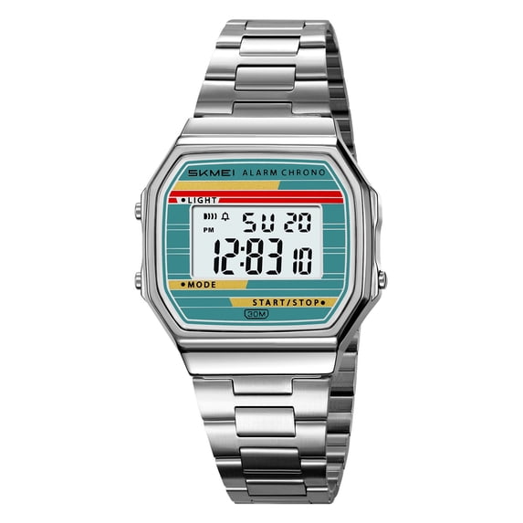 Water Luminous Multifunction Digital Watch Octagonal Stainless Steel Metal Bracelet LED Backlight LCD Display Alarm Stopwatch Timer Date Day WR30M Waterproof Outdoor Sports Fashion Wrist Watch