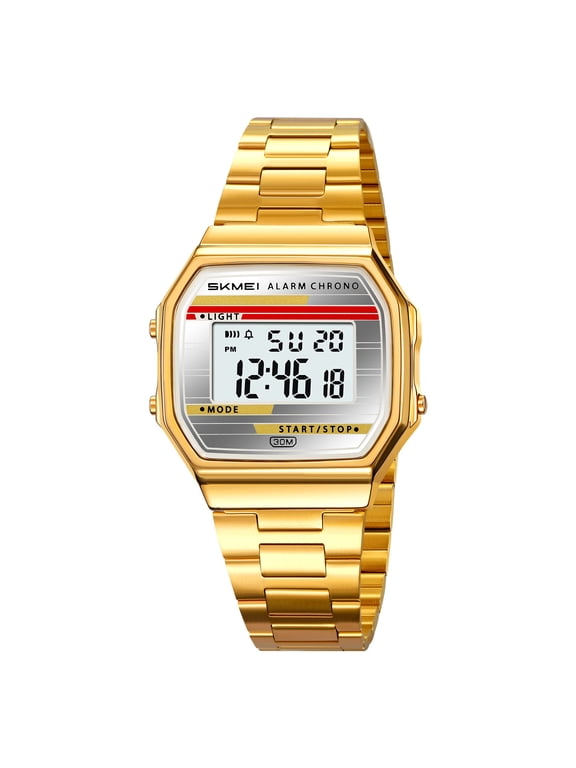 Water Luminous Multifunction Digital Watch With Steel Bracelet,30M Water Resistance,Octagonal Vintage Design,LED Backlight Alarm Stopwatch,For Daily Fashion Casual Wear