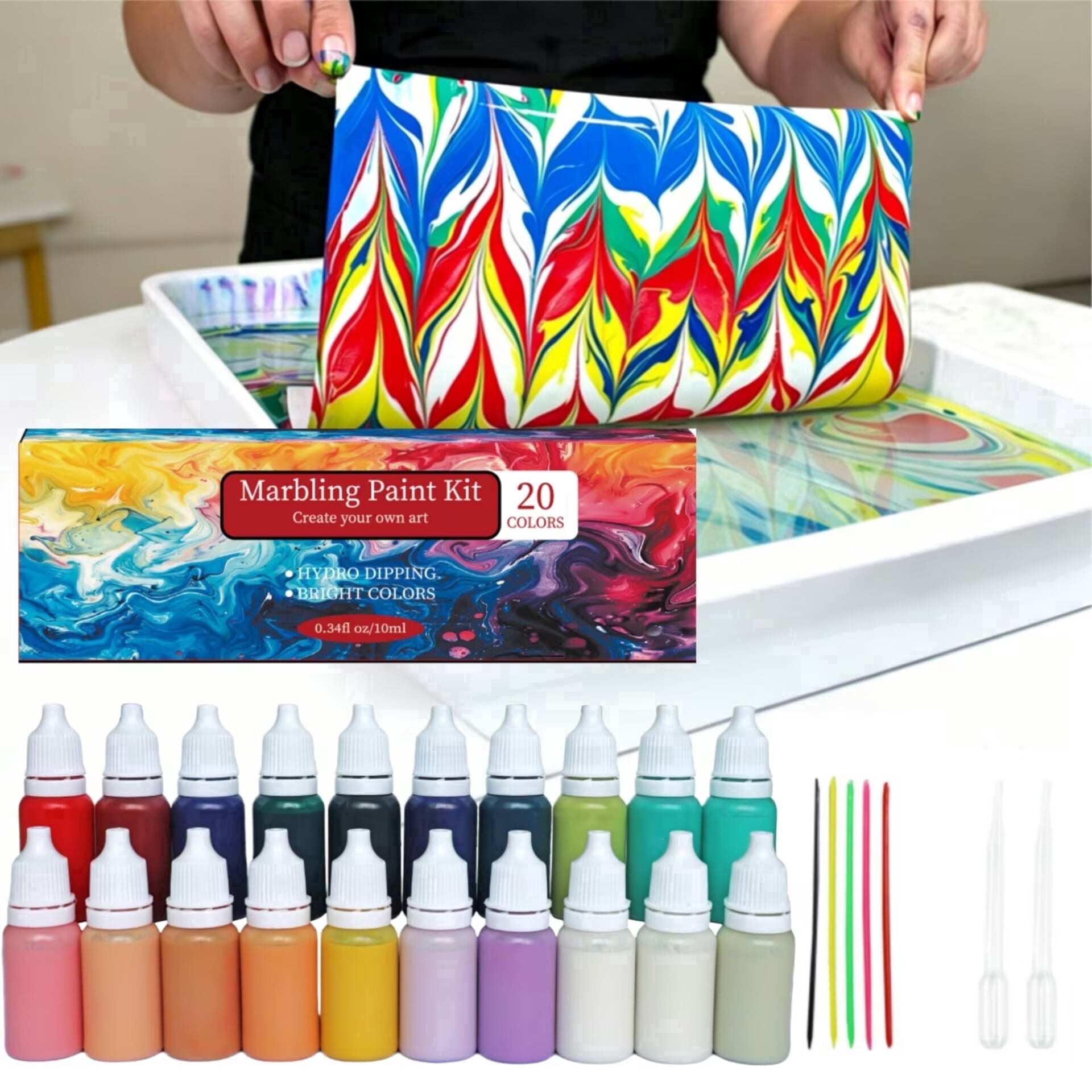 Water Marbling Paint Set, 10ML×20 Colors Acrylic Craft Paints with 2 ...