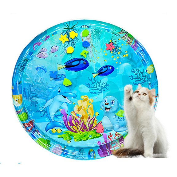 Water Mat, Paw Kitty Water Mat, New Water Sensory with Fish for Pet Play Water Sensor Mat for Cats Little Dogs, Interactive Cat Water Play Mat Feel Cool Comfort (Big circle B)