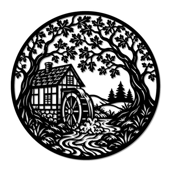 Water Mill Scene Metal Wall Art WallArt Decor Metal Outdoor Decor Metal Signs Rustic Farmhouse Artwork Elegant Wall Decoration Statement Piece For Your Living Room Bedroom Office Space