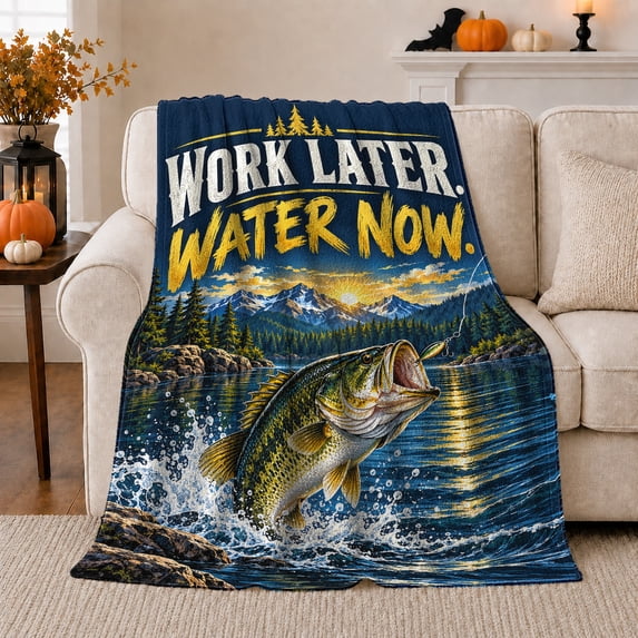 Water Now Bass Fishing Lake Sunset Wilderness, Peaceful Mountain Lake Scene, Warm Flannel Blanket for Cabin and Lodge, Outdoor Lovers person's Day Gift, Artistic Home Decor