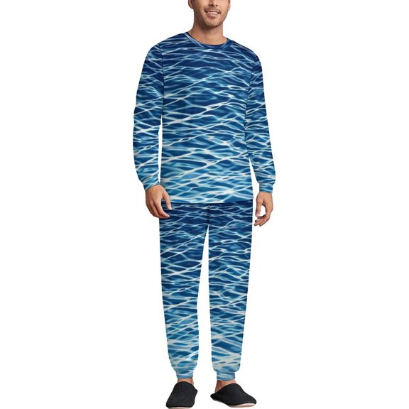Water Pattern Men's Pajama Set Sleepwear Pjs Lightweight Long Sleeve Crewneck Shirts and Bottoms Soft Comfy Sleep Sets M