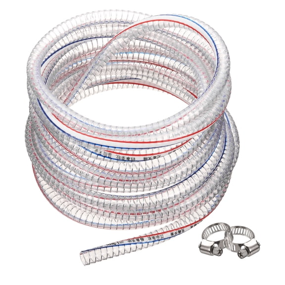 Water Pipe Line Tubing, 1/2" ID. x 11/16" OD. 26 ft Wire Vinyl Tube with 2 Clamps