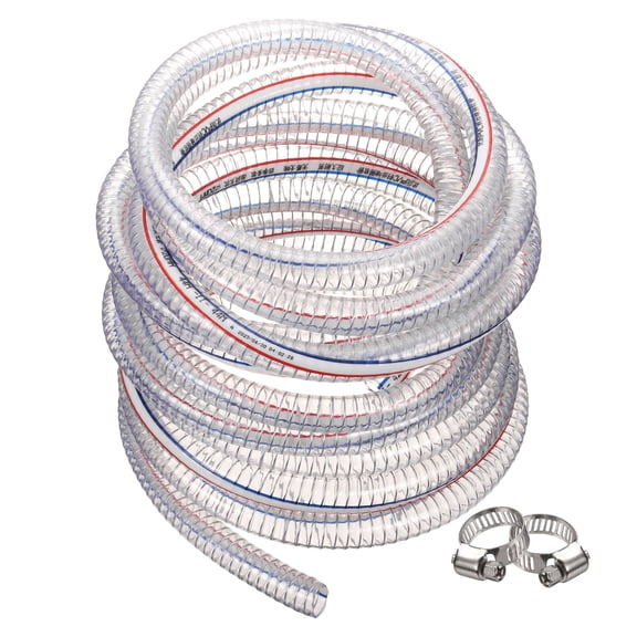 Water Pipe Line Tubing, 13/16" ID. x 1" OD. 26 ft Wire Vinyl Tube with 2 Clamps