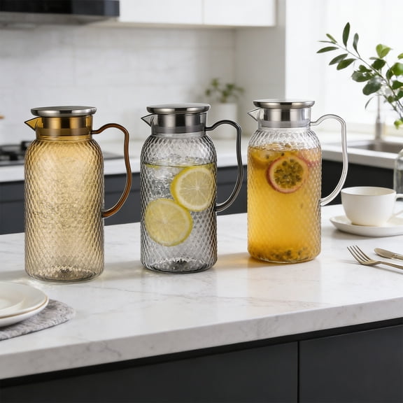 Water Pitcher, 1 Liter Beverage Dispenser with Strainer Lid, Pattern Plastic Pitcher, Temperature Proof Jug for Iced Water, Fruit Infusions, Bar, Kitchen, Restaurant, Clear Gray Brown （Brown）