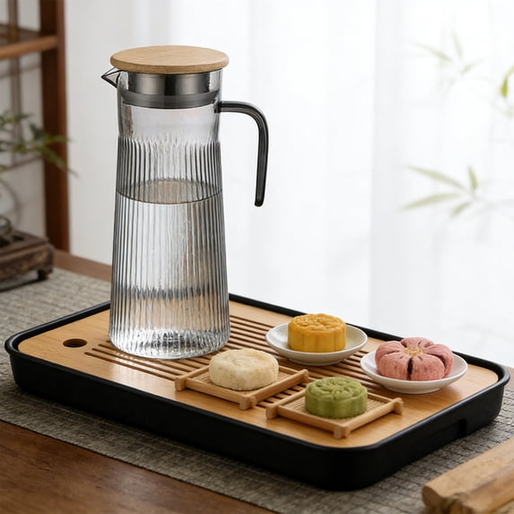 Water Pitcher, Beverage Dispenser, Large Capacity Acrylic Striped Cold Water Kettle With Wood Fiber Lid, Transparent Plastic Pitcher For Juices And Herbal Tea