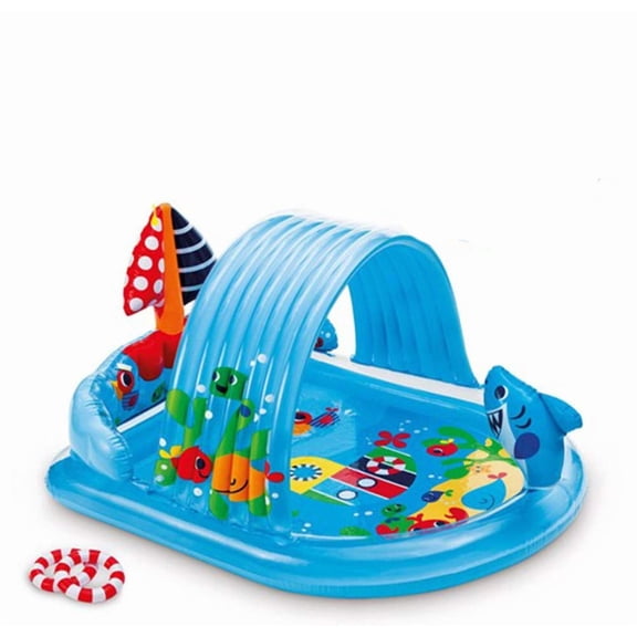 Water Play Center, Jungle Themed Kiddie Pool with Slide & Sprayer, Outdoor Blow-Up Splash Pad for Backyard