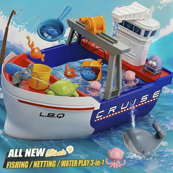 Water Play Cruise Ship Set - Sink Pretend Fishing Kit, Bath Playset Boats for Toddler, with Fishing Rods, Marine Animals, Movable Crane, Dishwasher Safe, Blue - 1 Set
