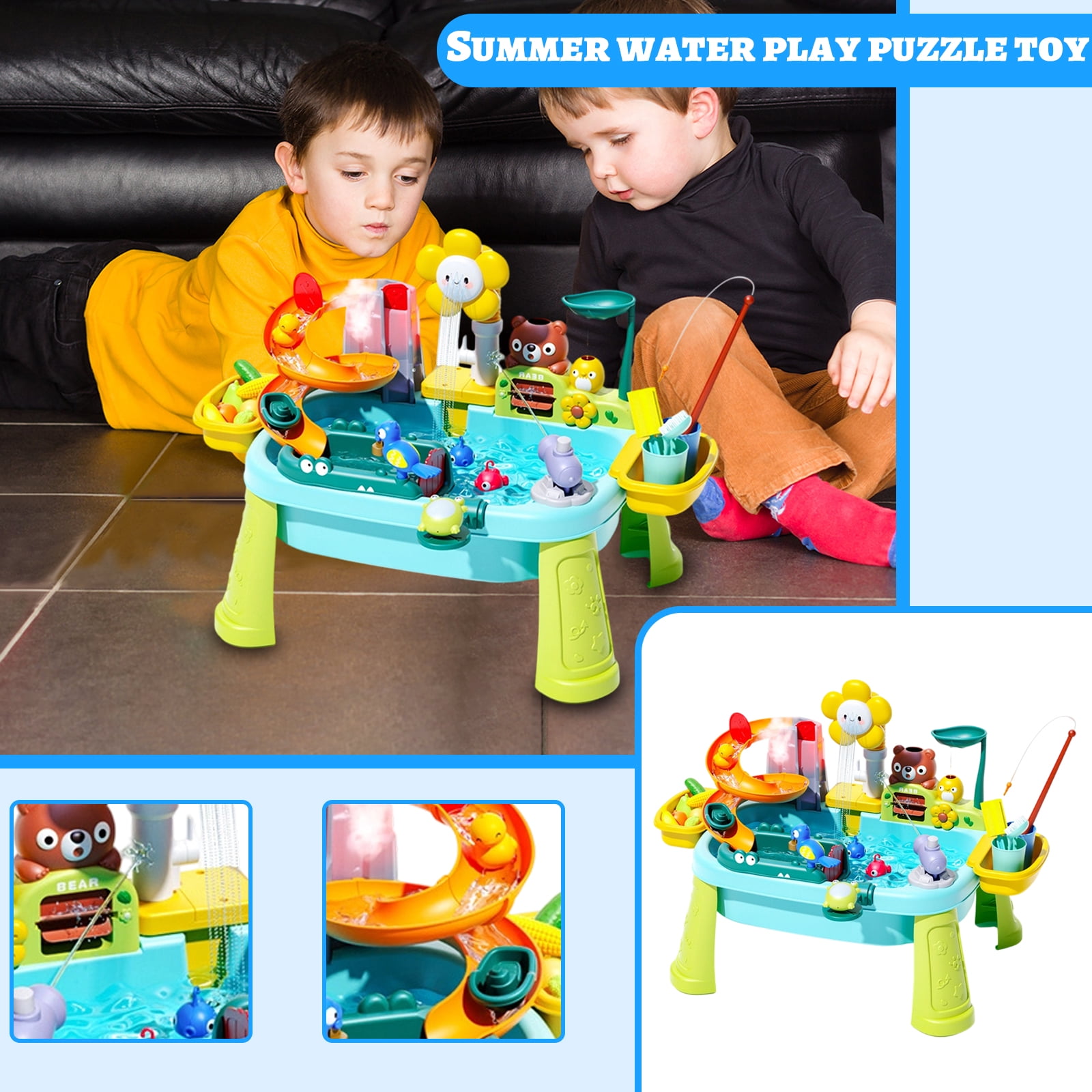 Water Play Table with Circulating Water Shower, Fishing Accessories & Interactive Play Features for Indoor Outdoor Use(23.2"L x 11.42"W x 16.5"H,Green)