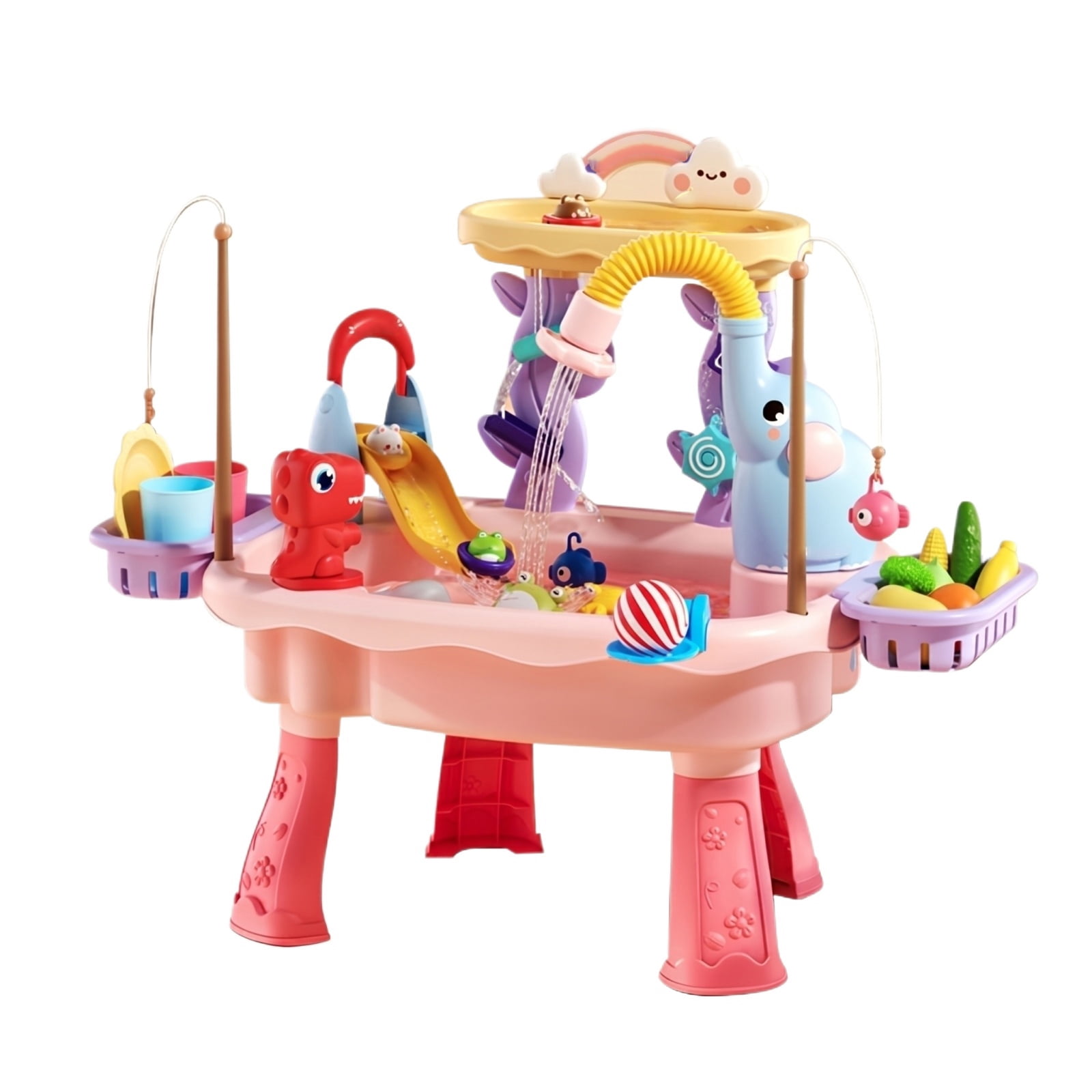 Water Play Table with Circulating Water Shower, Fishing Accessories & Interactive Play Features for Indoor Outdoor Use(23.62"L x 18.89"H,Pink)