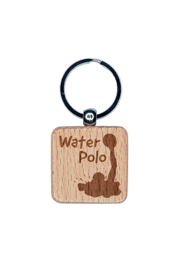 Water Polo Player in Water Fun Text Square Keychain Charm Tag - Engraved Wood
