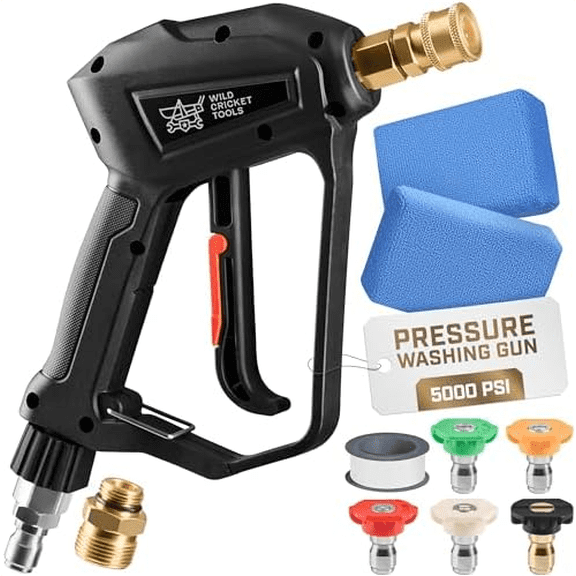 Water Pressure Gun | High-Performance, Up to 5,000 PSI Car Wash Gun w/ 5 Nozzles for Stone, Brick, Metal, Wood, Glass | Pressure Washer Handle w/ 2 Adapters, 2 Sponges, Teflon Tape$$Garden & Patio