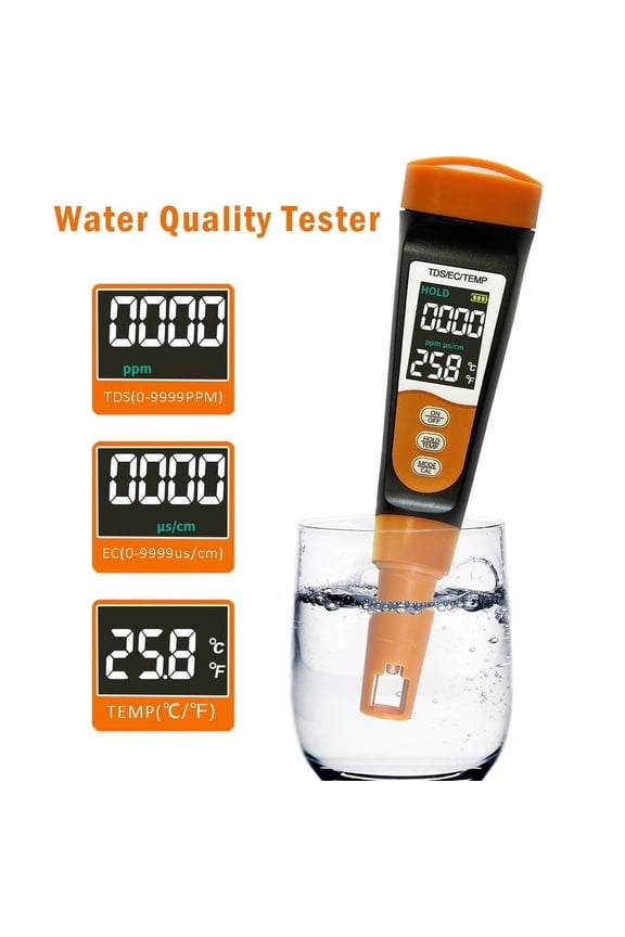 Water Quality Tester, 3 in 1 TDS Meter, EC Meter & Temperature Meter, 0-9990ppm Measurement Range, Digital Water Tester for Drinking Water, Aquariums, Farming, Pools