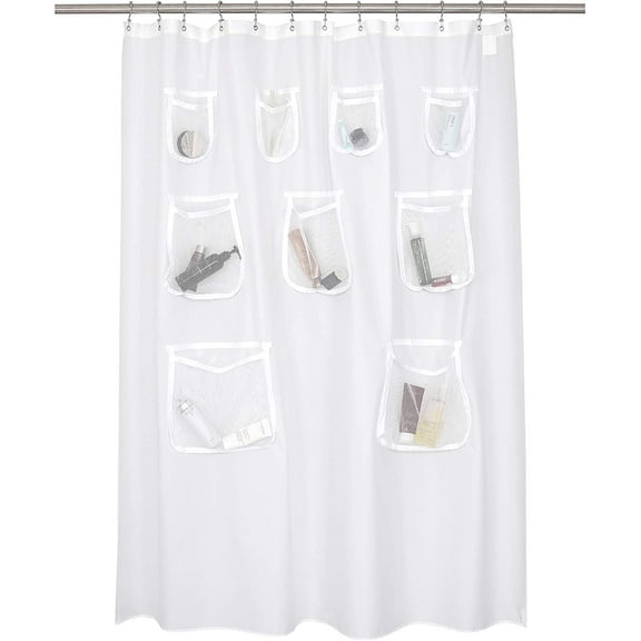 Water Repellent Fabric Shower Curtain or Liner with 9 Mesh Pockets - White, 71x72 Inches