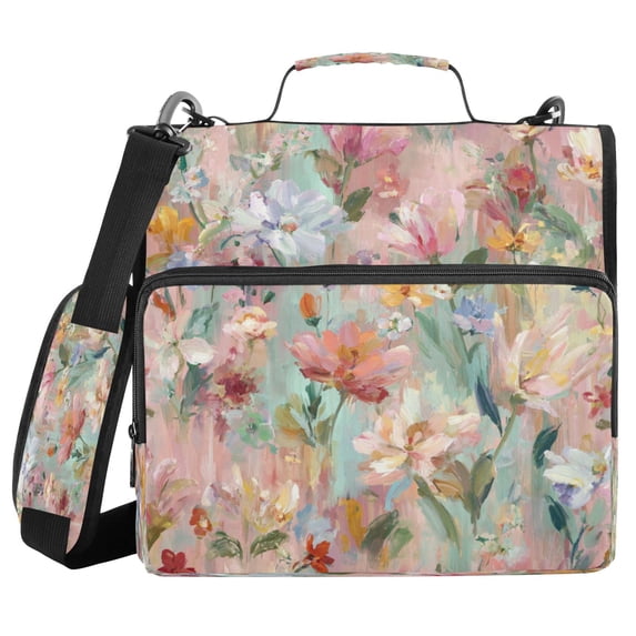 Water-Resistant 3-Ring Binder Organizer with Multiple Pockets Zipper Binder Bag for Office Abstract Pink Floral Pattern