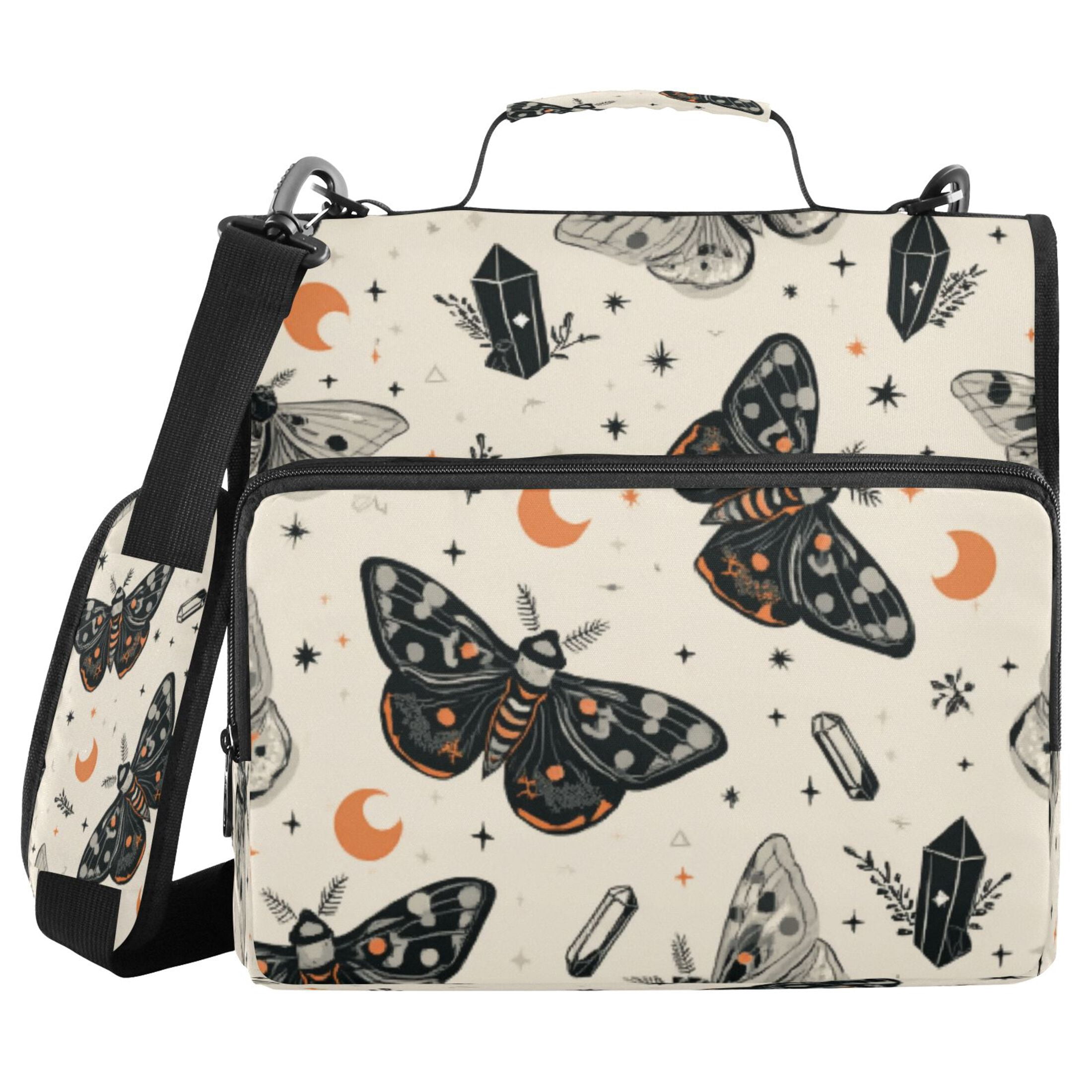 Water-Resistant 3-Ring Binder Organizer with Multiple Pockets Zipper Binder Bag for Office Black and White Moths