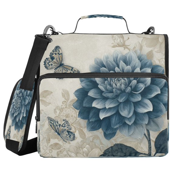 Water-Resistant 3-Ring Binder Organizer with Multiple Pockets Zipper Binder Bag for Office Blue Flower with Butterflies