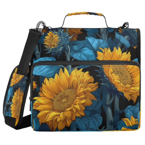 Water-Resistant 3-Ring Binder Organizer with Multiple Pockets Zipper Binder Bag for Office Blue Leaves and Sunflowers