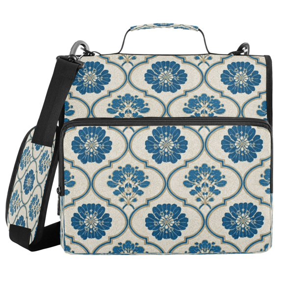 Water-Resistant 3-Ring Binder Organizer with Multiple Pockets Zipper Binder Bag for Office Blue Symmetrical Floral Pattern